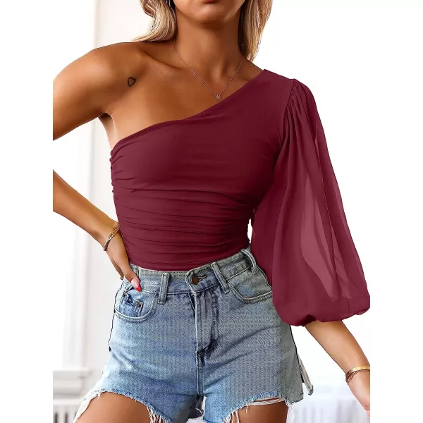 imageANRABESS Women Sexy One Shoulder Mesh Long Sleeve Ruched Bodysuit Leotard TopWine Red