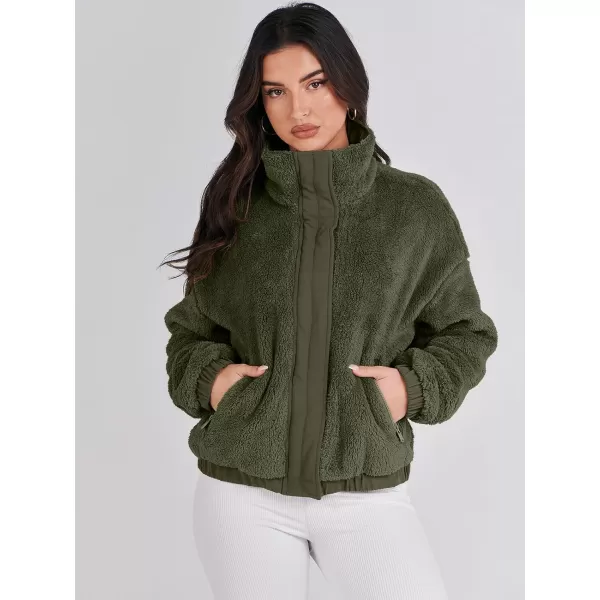 imageANRABESS Women Sherpa Fleece Jackets Casual Long Sleeve Buttons Cropped Coat Winter OutwearArmy Green