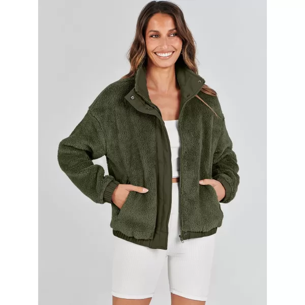 imageANRABESS Women Sherpa Fleece Jackets Casual Long Sleeve Buttons Cropped Coat Winter OutwearArmy Green