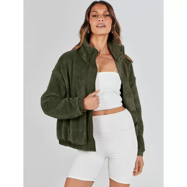 imageANRABESS Women Sherpa Fleece Jackets Casual Long Sleeve Buttons Cropped Coat Winter OutwearArmy Green