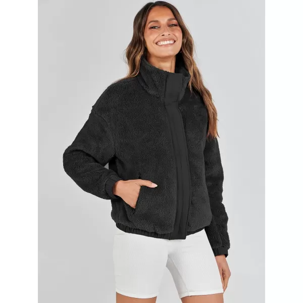 imageANRABESS Women Sherpa Fleece Jackets Casual Long Sleeve Buttons Cropped Coat Winter OutwearBlack