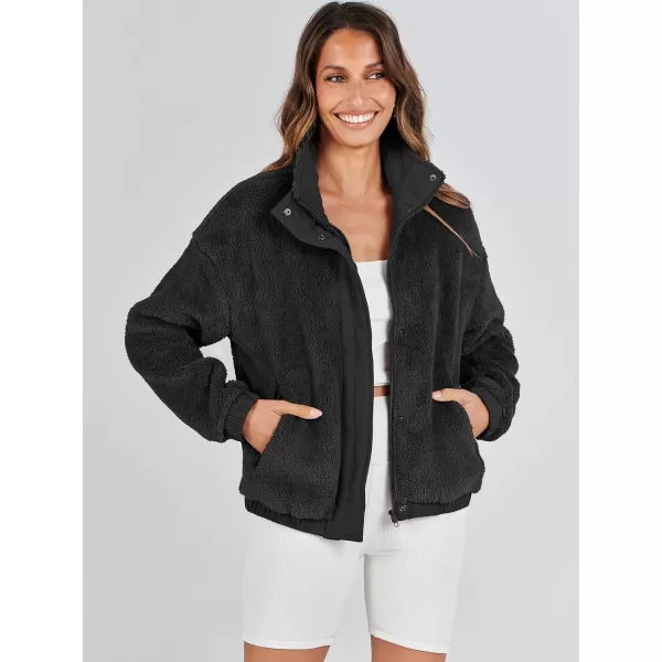 imageANRABESS Women Sherpa Fleece Jackets Casual Long Sleeve Buttons Cropped Coat Winter OutwearBlack