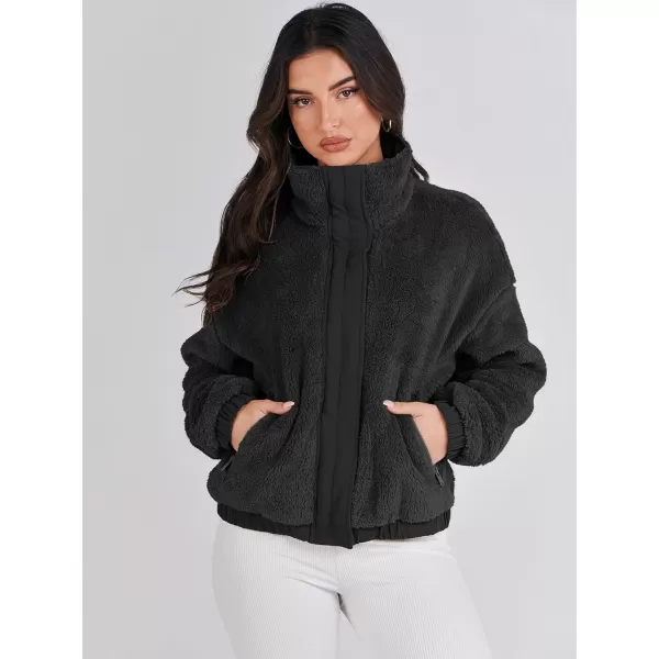 imageANRABESS Women Sherpa Fleece Jackets Casual Long Sleeve Buttons Cropped Coat Winter OutwearBlack