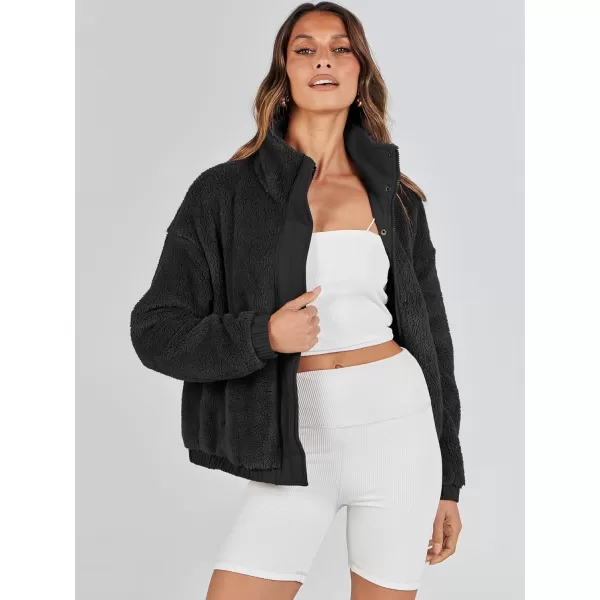 imageANRABESS Women Sherpa Fleece Jackets Casual Long Sleeve Buttons Cropped Coat Winter OutwearBlack