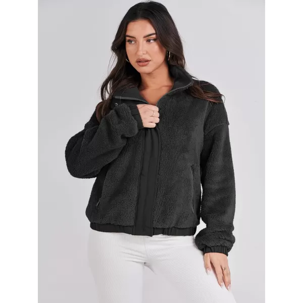 imageANRABESS Women Sherpa Fleece Jackets Casual Long Sleeve Buttons Cropped Coat Winter OutwearBlack
