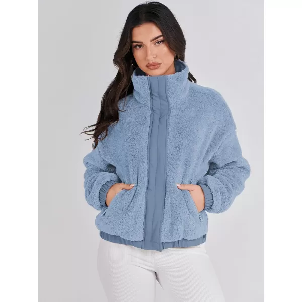 imageANRABESS Women Sherpa Fleece Jackets Casual Long Sleeve Buttons Cropped Coat Winter OutwearBlue