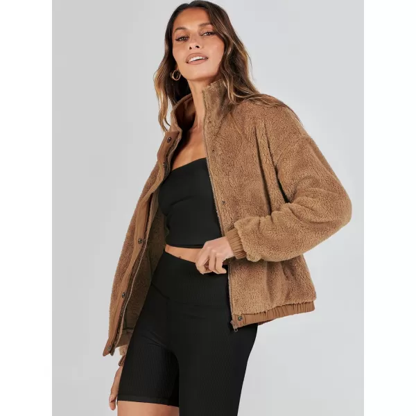 imageANRABESS Women Sherpa Fleece Jackets Casual Long Sleeve Buttons Cropped Coat Winter OutwearBrown