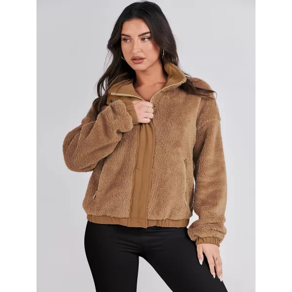 imageANRABESS Women Sherpa Fleece Jackets Casual Long Sleeve Buttons Cropped Coat Winter OutwearBrown