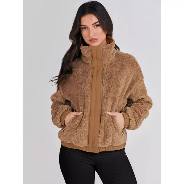 imageANRABESS Women Sherpa Fleece Jackets Casual Long Sleeve Buttons Cropped Coat Winter OutwearBrown
