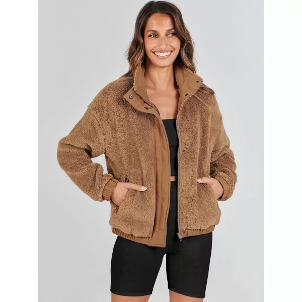 imageANRABESS Women Sherpa Fleece Jackets Casual Long Sleeve Buttons Cropped Coat Winter OutwearBrown