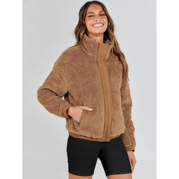 imageANRABESS Women Sherpa Fleece Jackets Casual Long Sleeve Buttons Cropped Coat Winter OutwearBrown