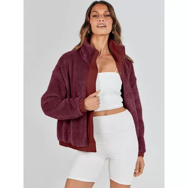 imageANRABESS Women Sherpa Fleece Jackets Casual Long Sleeve Buttons Cropped Coat Winter OutwearBurgundy