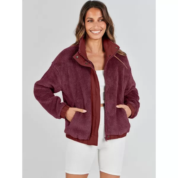 imageANRABESS Women Sherpa Fleece Jackets Casual Long Sleeve Buttons Cropped Coat Winter OutwearBurgundy