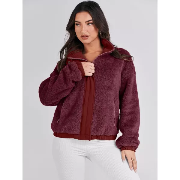 imageANRABESS Women Sherpa Fleece Jackets Casual Long Sleeve Buttons Cropped Coat Winter OutwearBurgundy