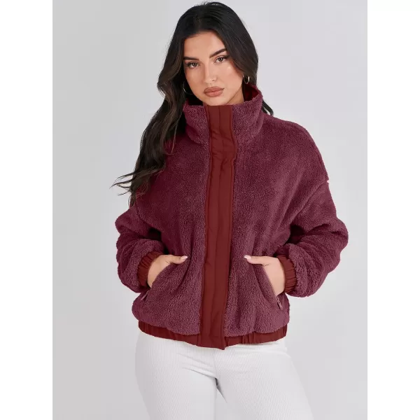 imageANRABESS Women Sherpa Fleece Jackets Casual Long Sleeve Buttons Cropped Coat Winter OutwearBurgundy