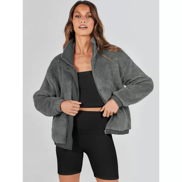imageANRABESS Women Sherpa Fleece Jackets Casual Long Sleeve Buttons Cropped Coat Winter OutwearDark Grey