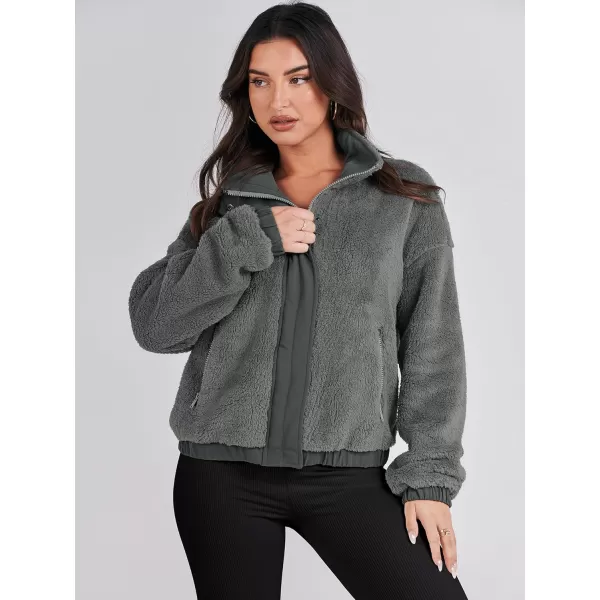 imageANRABESS Women Sherpa Fleece Jackets Casual Long Sleeve Buttons Cropped Coat Winter OutwearDark Grey