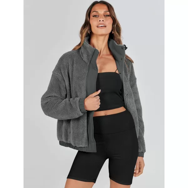 imageANRABESS Women Sherpa Fleece Jackets Casual Long Sleeve Buttons Cropped Coat Winter OutwearDark Grey