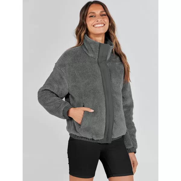 imageANRABESS Women Sherpa Fleece Jackets Casual Long Sleeve Buttons Cropped Coat Winter OutwearDark Grey