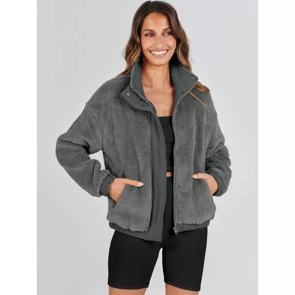 imageANRABESS Women Sherpa Fleece Jackets Casual Long Sleeve Buttons Cropped Coat Winter OutwearDark Grey
