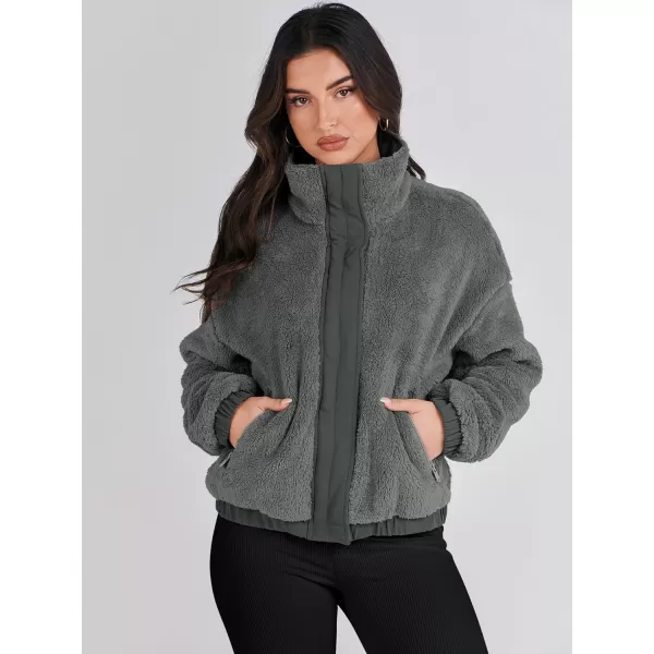 imageANRABESS Women Sherpa Fleece Jackets Casual Long Sleeve Buttons Cropped Coat Winter OutwearDark Grey