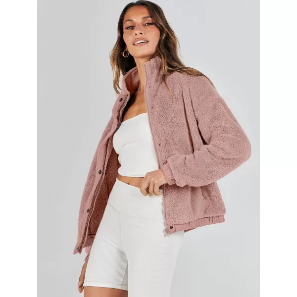 imageANRABESS Women Sherpa Fleece Jackets Casual Long Sleeve Buttons Cropped Coat Winter OutwearDark Pink