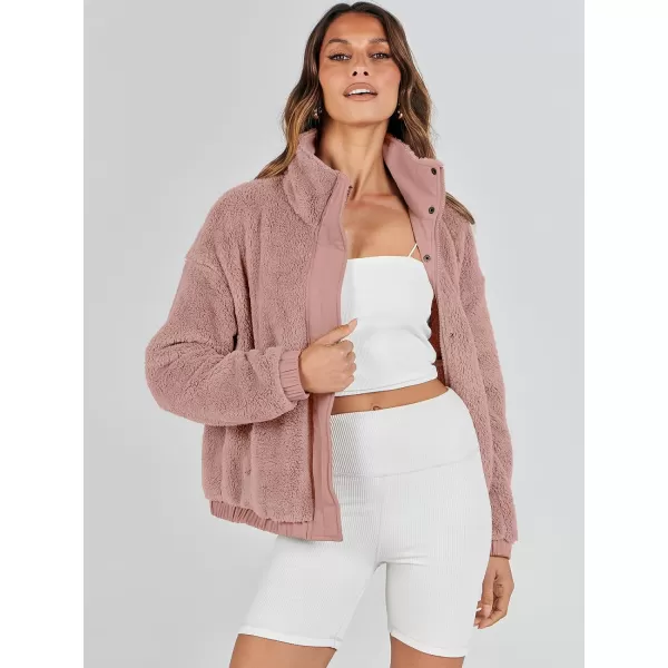 imageANRABESS Women Sherpa Fleece Jackets Casual Long Sleeve Buttons Cropped Coat Winter OutwearDark Pink