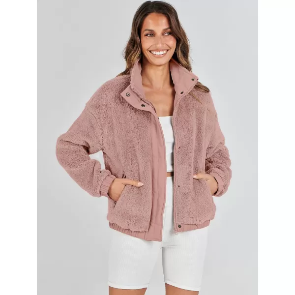 imageANRABESS Women Sherpa Fleece Jackets Casual Long Sleeve Buttons Cropped Coat Winter OutwearDark Pink