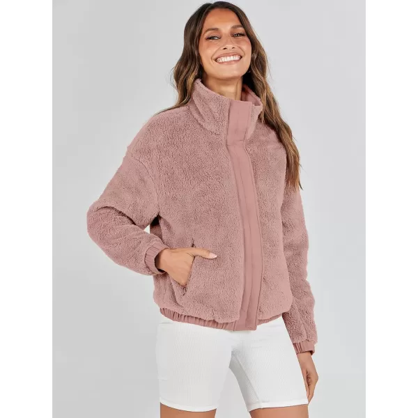 imageANRABESS Women Sherpa Fleece Jackets Casual Long Sleeve Buttons Cropped Coat Winter OutwearDark Pink