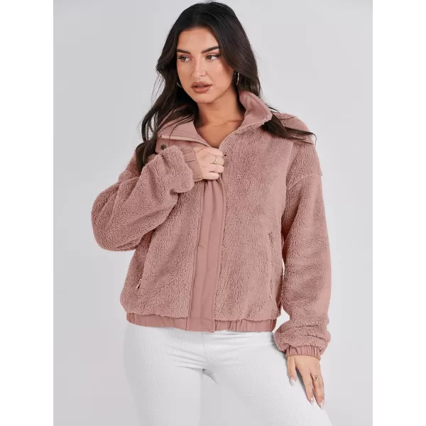 imageANRABESS Women Sherpa Fleece Jackets Casual Long Sleeve Buttons Cropped Coat Winter OutwearDark Pink
