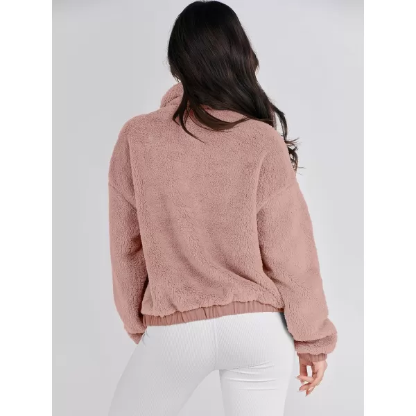 imageANRABESS Women Sherpa Fleece Jackets Casual Long Sleeve Buttons Cropped Coat Winter OutwearDark Pink
