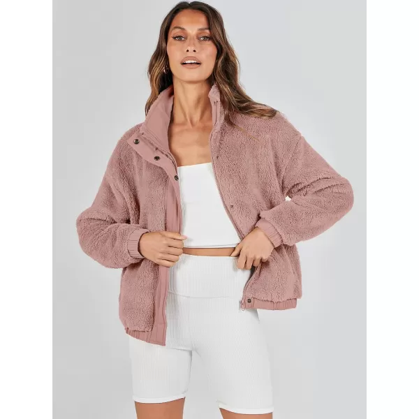 imageANRABESS Women Sherpa Fleece Jackets Casual Long Sleeve Buttons Cropped Coat Winter OutwearDark Pink