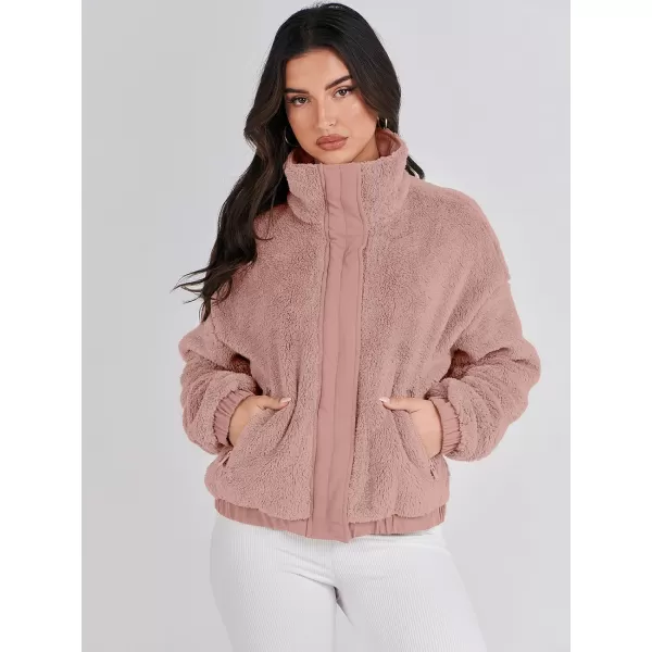 imageANRABESS Women Sherpa Fleece Jackets Casual Long Sleeve Buttons Cropped Coat Winter OutwearDark Pink