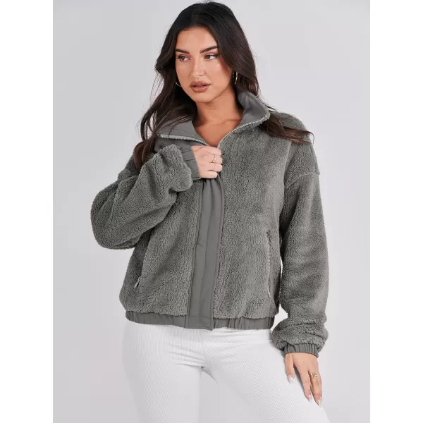 imageANRABESS Women Sherpa Fleece Jackets Casual Long Sleeve Buttons Cropped Coat Winter OutwearGrey 2