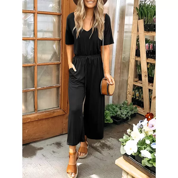 imageANRABESS Women Short Sleeve Summer Casual V Neck Elastic Waist Wide Leg Cropped Pant Jumpsuits Rompers with Pockets00black