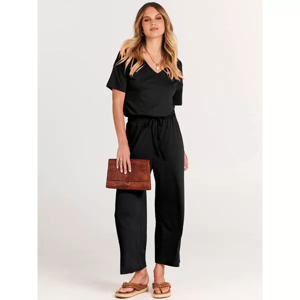 imageANRABESS Women Short Sleeve Summer Casual V Neck Elastic Waist Wide Leg Cropped Pant Jumpsuits Rompers with Pockets00black
