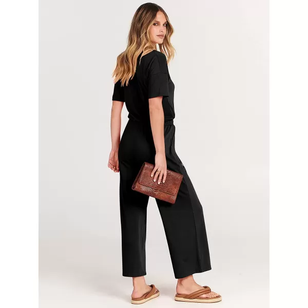 imageANRABESS Women Short Sleeve Summer Casual V Neck Elastic Waist Wide Leg Cropped Pant Jumpsuits Rompers with Pockets00black