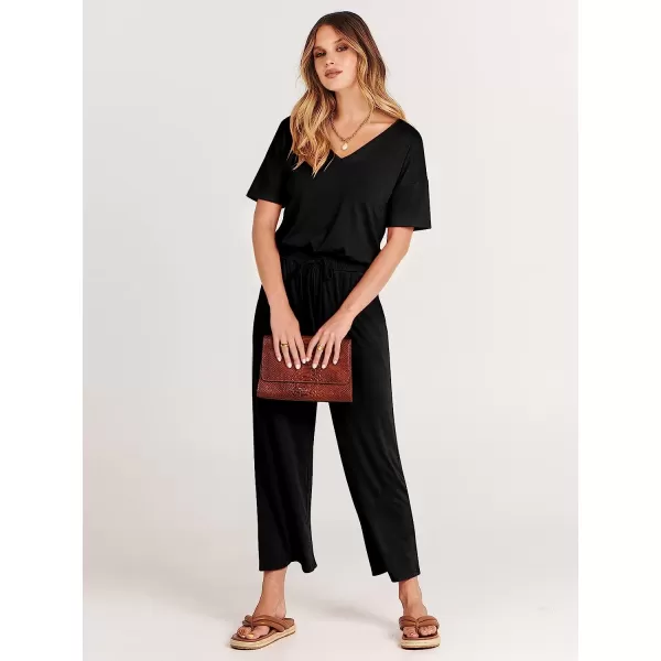 imageANRABESS Women Short Sleeve Summer Casual V Neck Elastic Waist Wide Leg Cropped Pant Jumpsuits Rompers with Pockets00black
