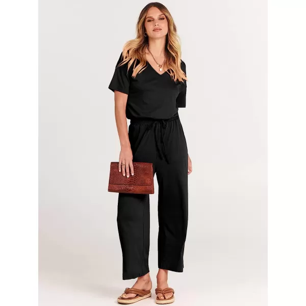 imageANRABESS Women Short Sleeve Summer Casual V Neck Elastic Waist Wide Leg Cropped Pant Jumpsuits Rompers with Pockets00black