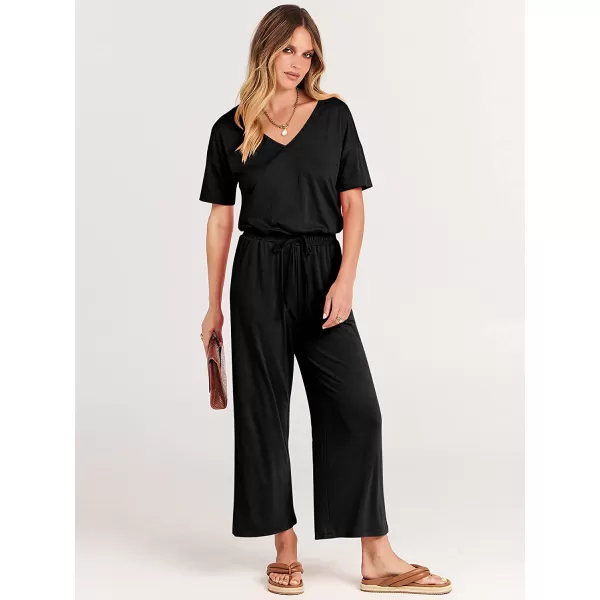 imageANRABESS Women Short Sleeve Summer Casual V Neck Elastic Waist Wide Leg Cropped Pant Jumpsuits Rompers with Pockets00black