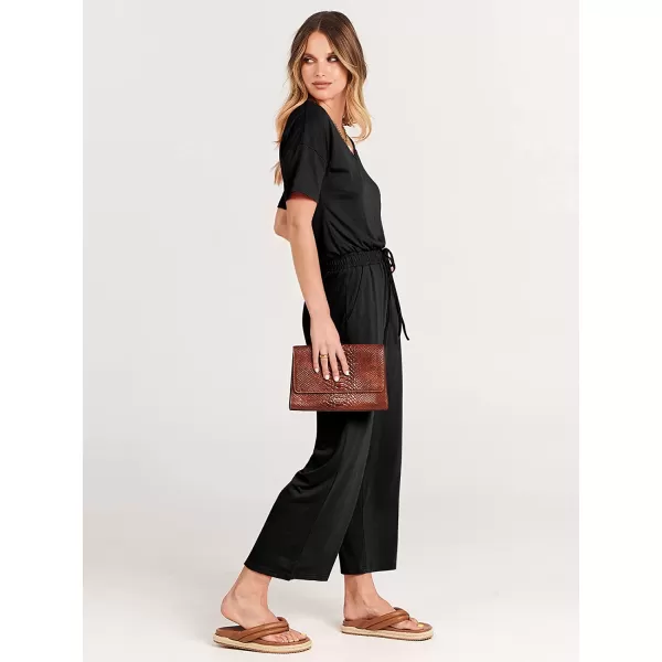 imageANRABESS Women Short Sleeve Summer Casual V Neck Elastic Waist Wide Leg Cropped Pant Jumpsuits Rompers with Pockets00black