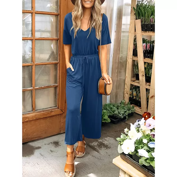 imageANRABESS Women Short Sleeve Summer Casual V Neck Elastic Waist Wide Leg Cropped Pant Jumpsuits Rompers with Pockets00blue