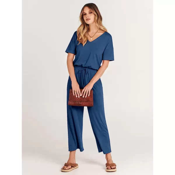imageANRABESS Women Short Sleeve Summer Casual V Neck Elastic Waist Wide Leg Cropped Pant Jumpsuits Rompers with Pockets00blue