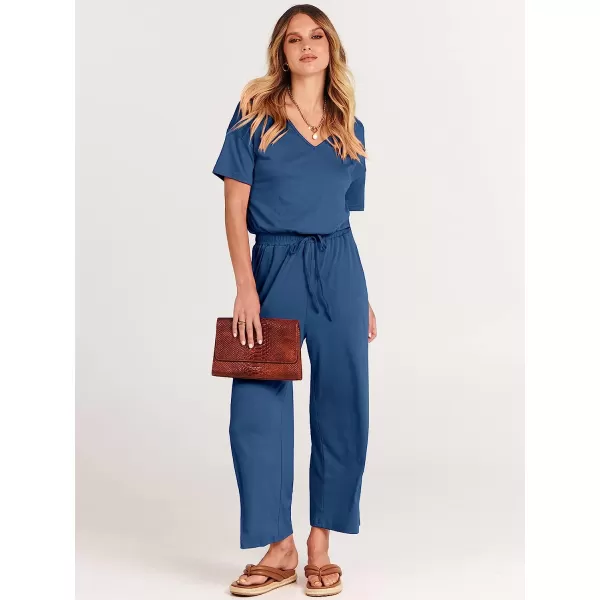imageANRABESS Women Short Sleeve Summer Casual V Neck Elastic Waist Wide Leg Cropped Pant Jumpsuits Rompers with Pockets00blue