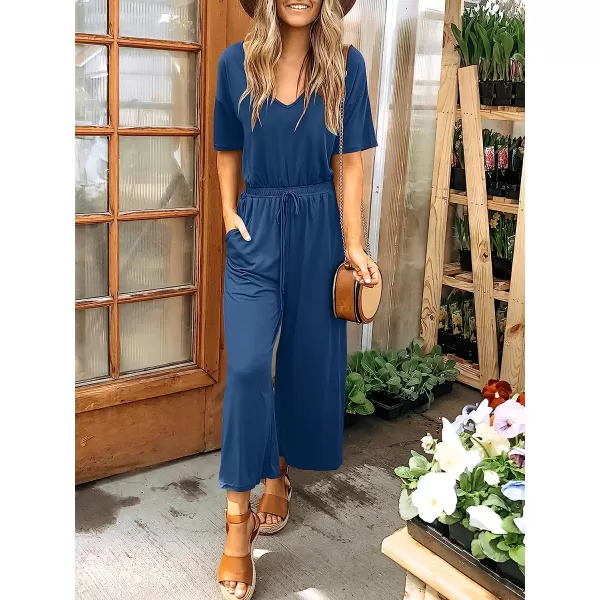 imageANRABESS Women Short Sleeve Summer Casual V Neck Elastic Waist Wide Leg Cropped Pant Jumpsuits Rompers with Pockets00blue