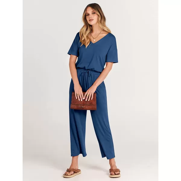 imageANRABESS Women Short Sleeve Summer Casual V Neck Elastic Waist Wide Leg Cropped Pant Jumpsuits Rompers with Pockets00blue