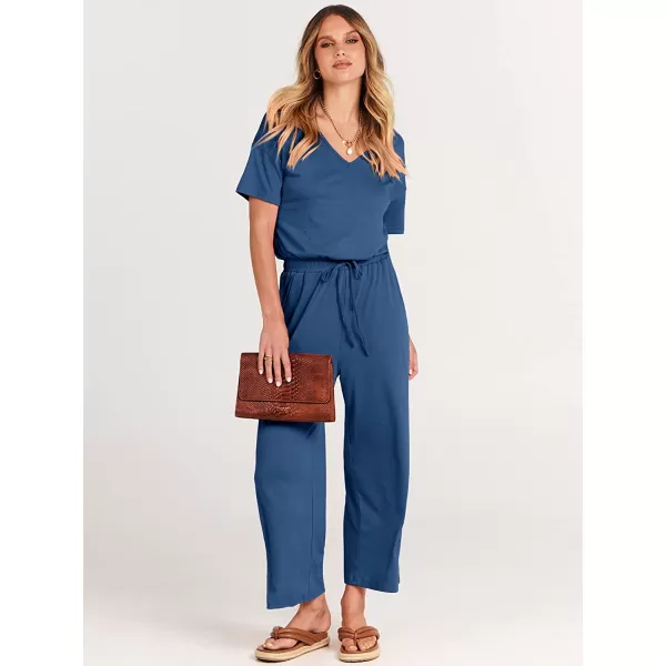 imageANRABESS Women Short Sleeve Summer Casual V Neck Elastic Waist Wide Leg Cropped Pant Jumpsuits Rompers with Pockets00blue