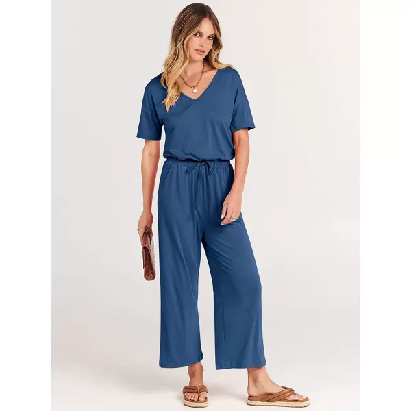 imageANRABESS Women Short Sleeve Summer Casual V Neck Elastic Waist Wide Leg Cropped Pant Jumpsuits Rompers with Pockets00blue