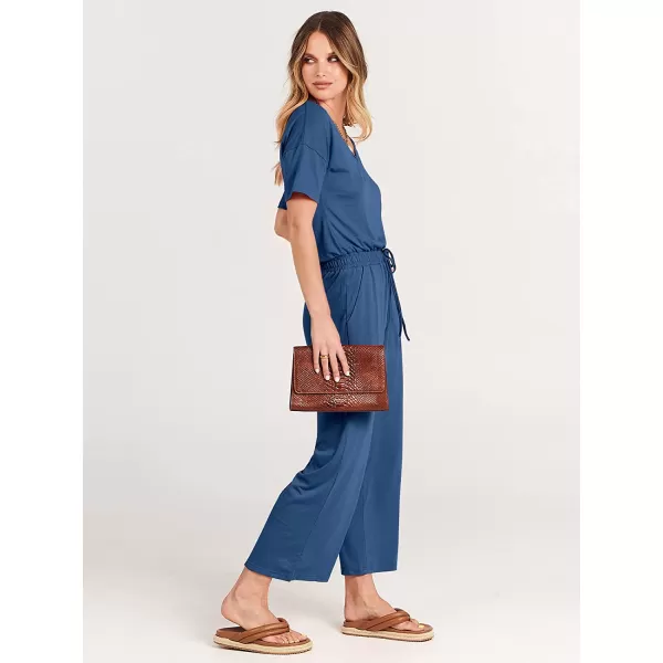 imageANRABESS Women Short Sleeve Summer Casual V Neck Elastic Waist Wide Leg Cropped Pant Jumpsuits Rompers with Pockets00blue