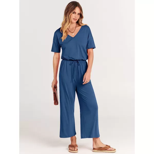 imageANRABESS Women Short Sleeve Summer Casual V Neck Elastic Waist Wide Leg Cropped Pant Jumpsuits Rompers with Pockets00blue
